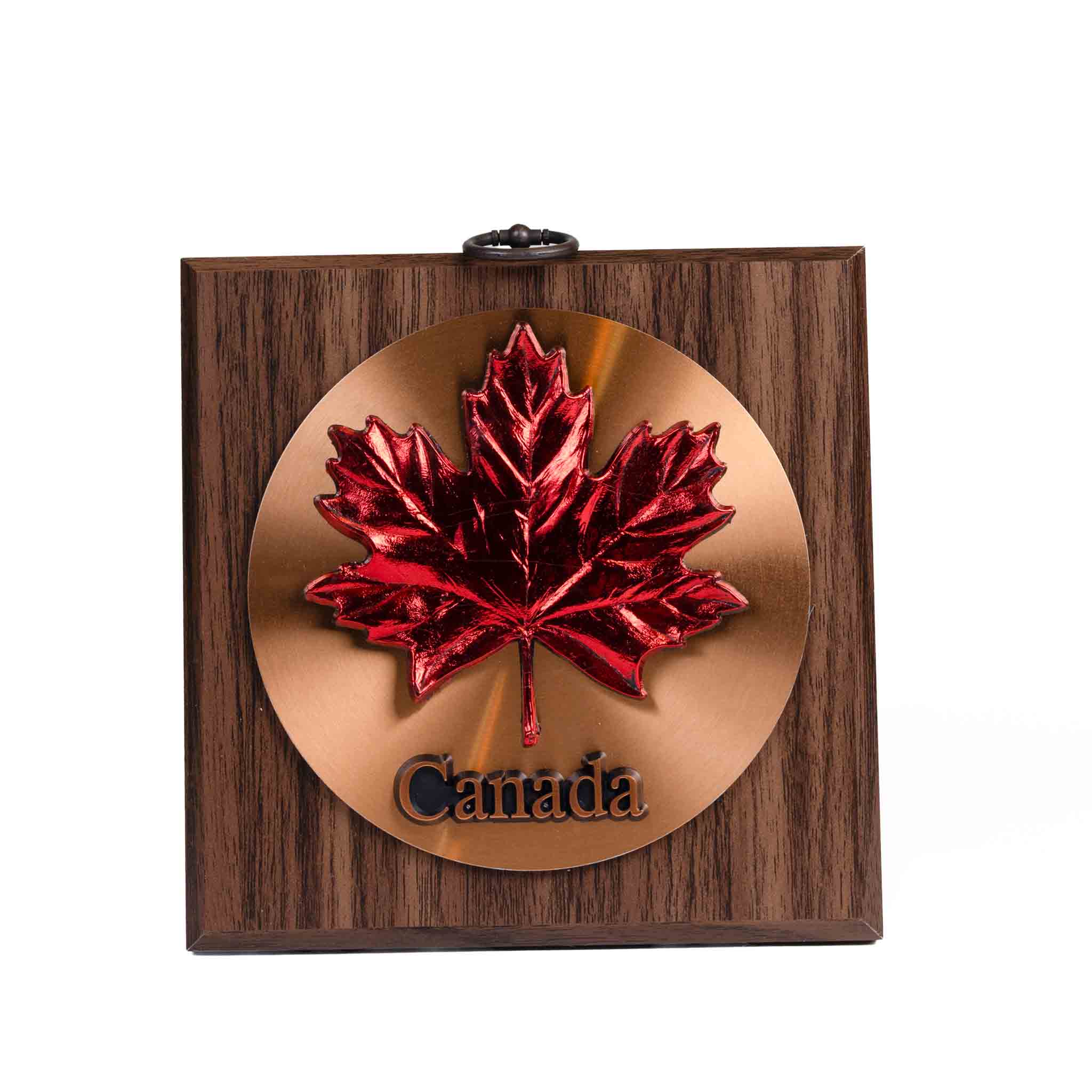 Canada Red Maple Leaf Wall Plaque - Hickory Finish - 6 x 6 inches